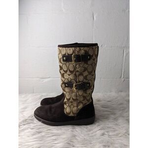 Coach Tinah Canvas‎ Suede Monogram Brown Lined Buckle Mid Calf Boots Size 7.5